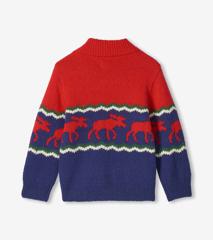 Back view of red and navy holiday sweater with moose band and green and white zigzag stripes