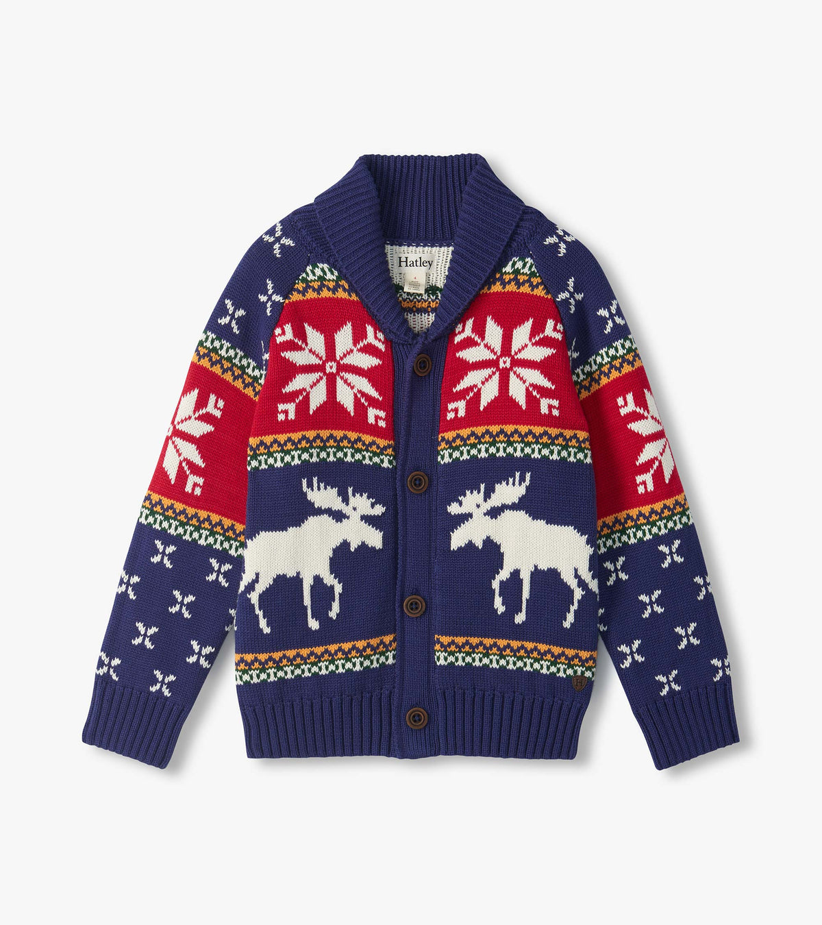 Front view of boys navy shawl collar cardigan with white moose, snowflakes, red panels, and button front