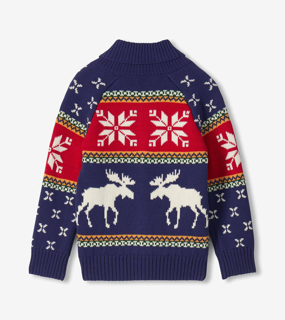 Back view of boys navy holiday cardigan with white moose, snowflakes, and red patterned panels