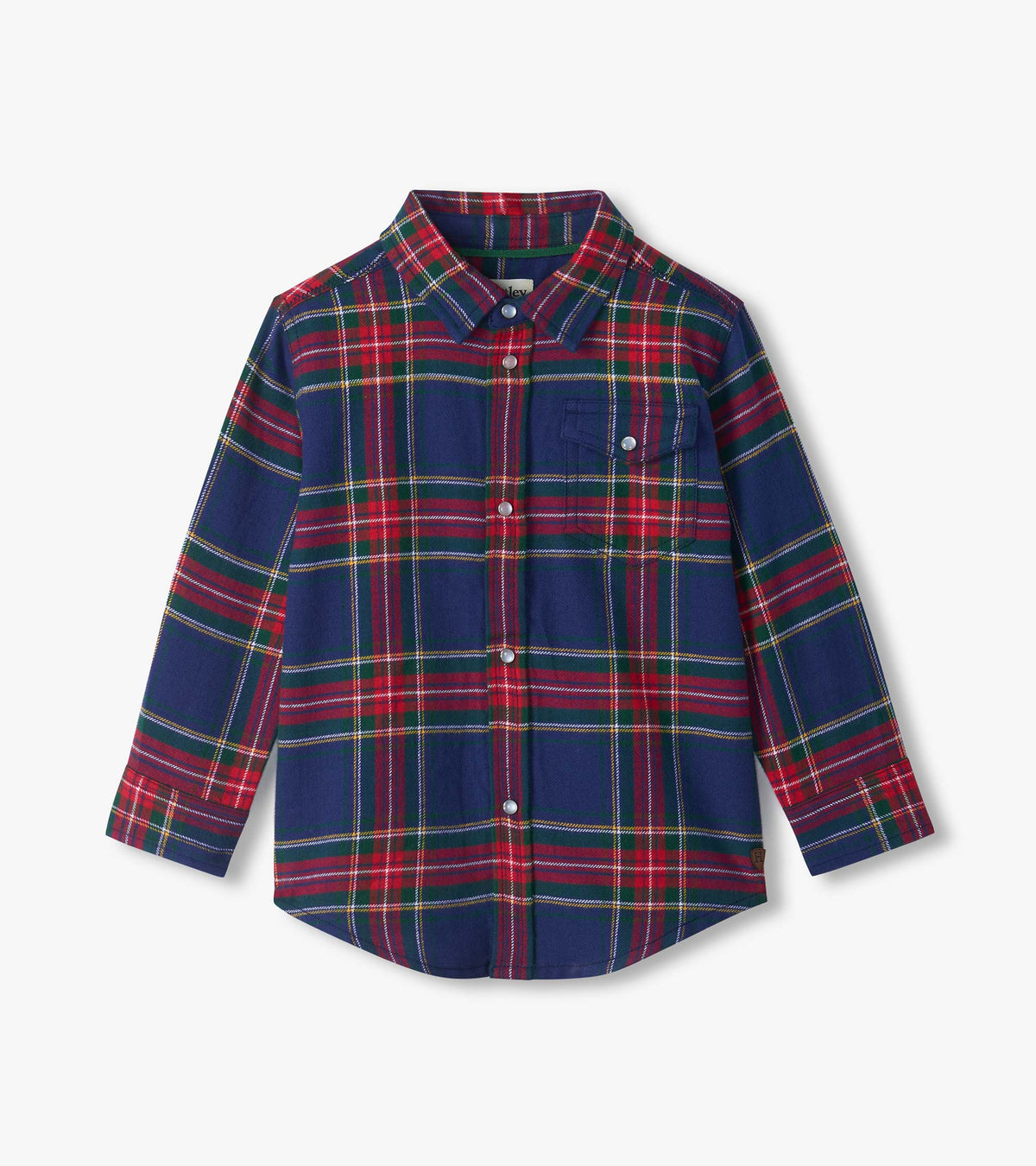 Front view of boys plaid button-down shirt in navy, red and green with snap buttons and chest flap pocket