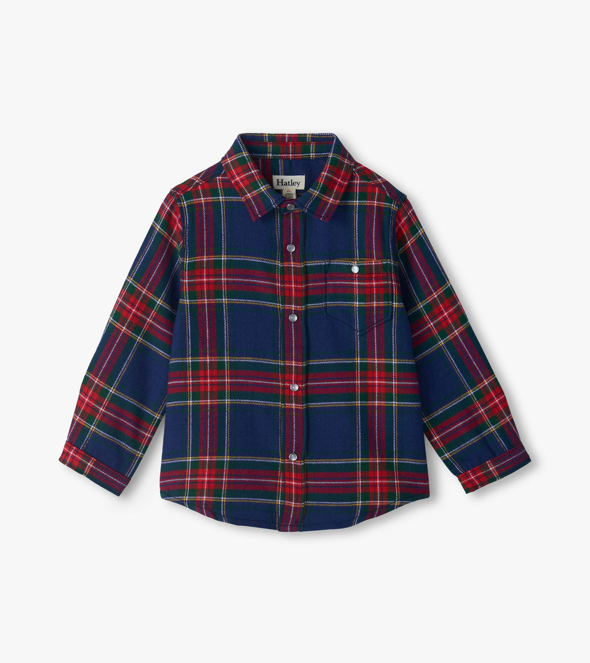 Front view of boys plaid button-down shirt in navy, red and green with snap front and chest pocket