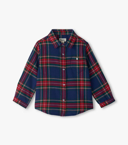 Front view of boys plaid button-down shirt in navy, red and green with snap front and chest pocket