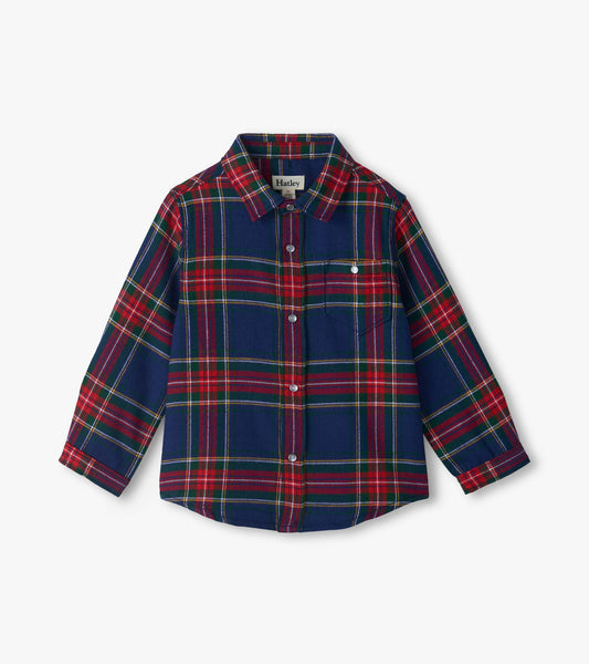 Front view of boys plaid button-down shirt in navy, red and green with snap front and chest pocket