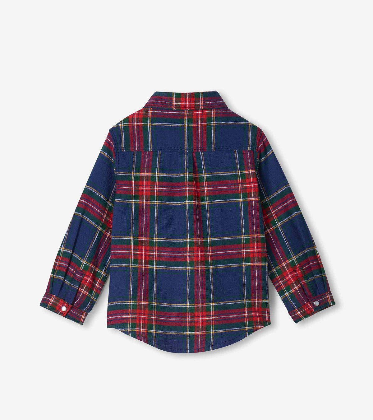 Back view of boys plaid long-sleeve shirt in navy, red and green with button cuffs and back yoke