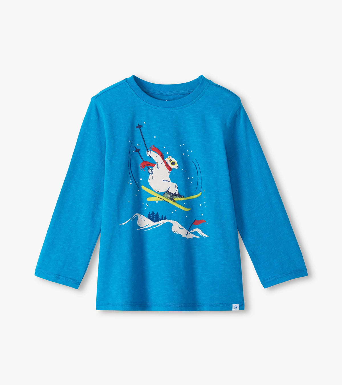 Bright blue boys long-sleeve T-shirt with skiing bear graphic on the front