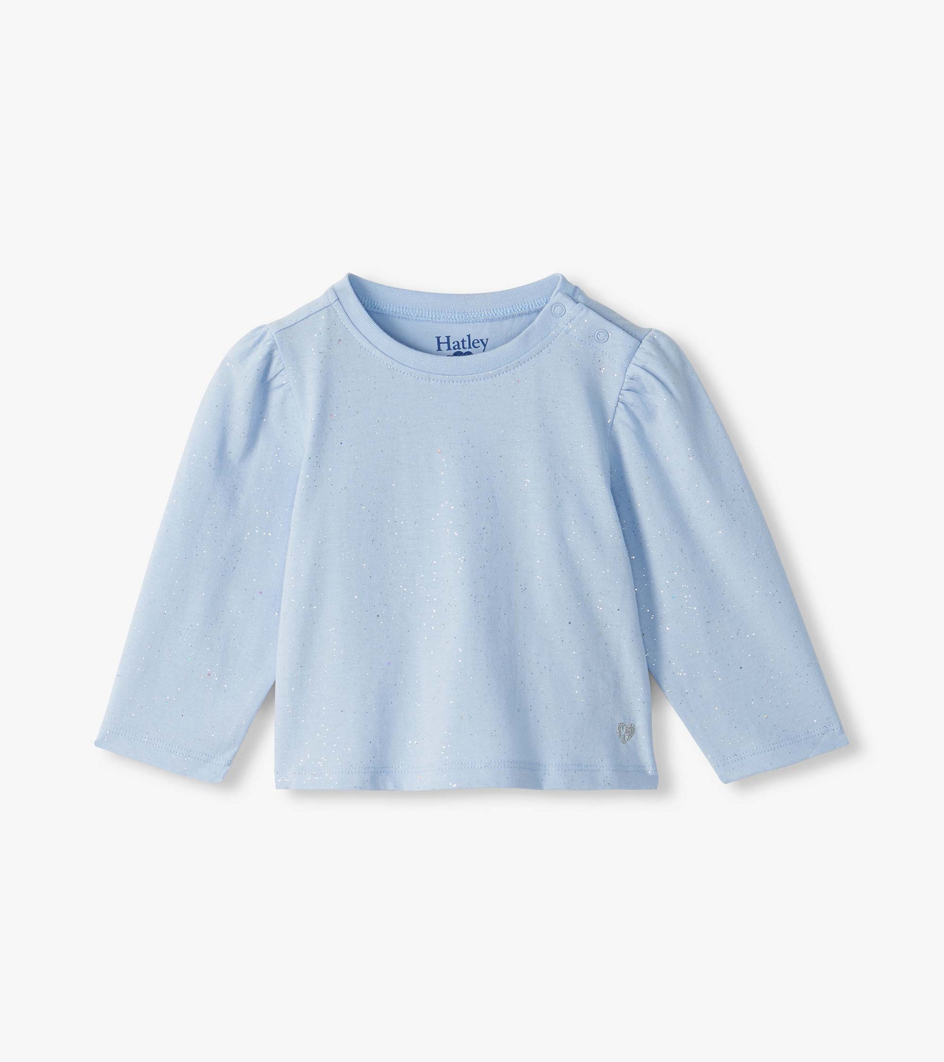 Front view of infant light blue long sleeve tee with subtle glitter speckles and shoulder snaps