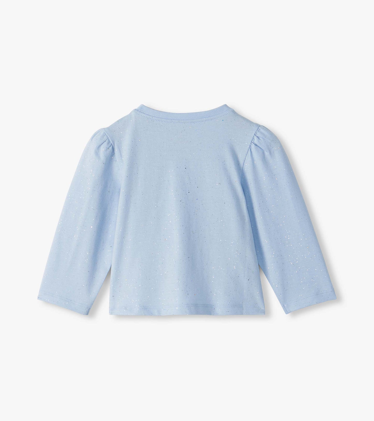 Back view of infant light blue long sleeve tee with subtle glitter speckles and puffed shoulders