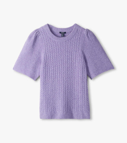 Lilac cable knit sweater laid flat with crew neckline and short puff sleeves
