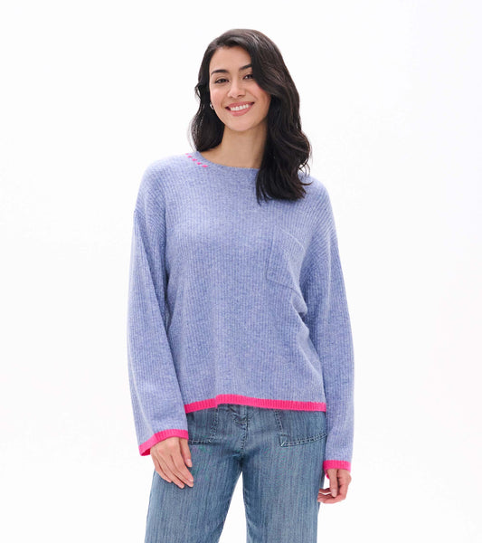 Front view of Kentucky blue ribbed sweater with pink trim, chest pocket, and pink shoulder stitch detail