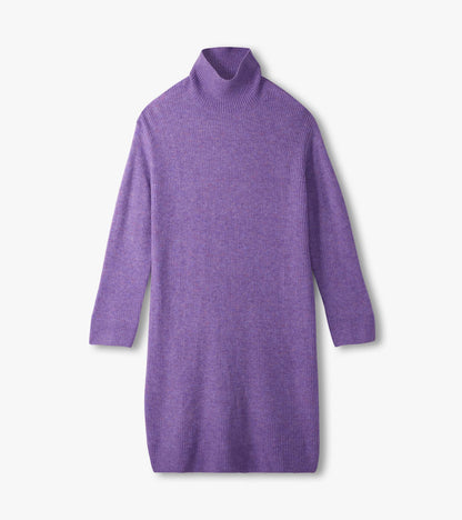 Lilac melange sweater dress laid flat with a high neck, long sleeves, and knee-length straight silhouette
