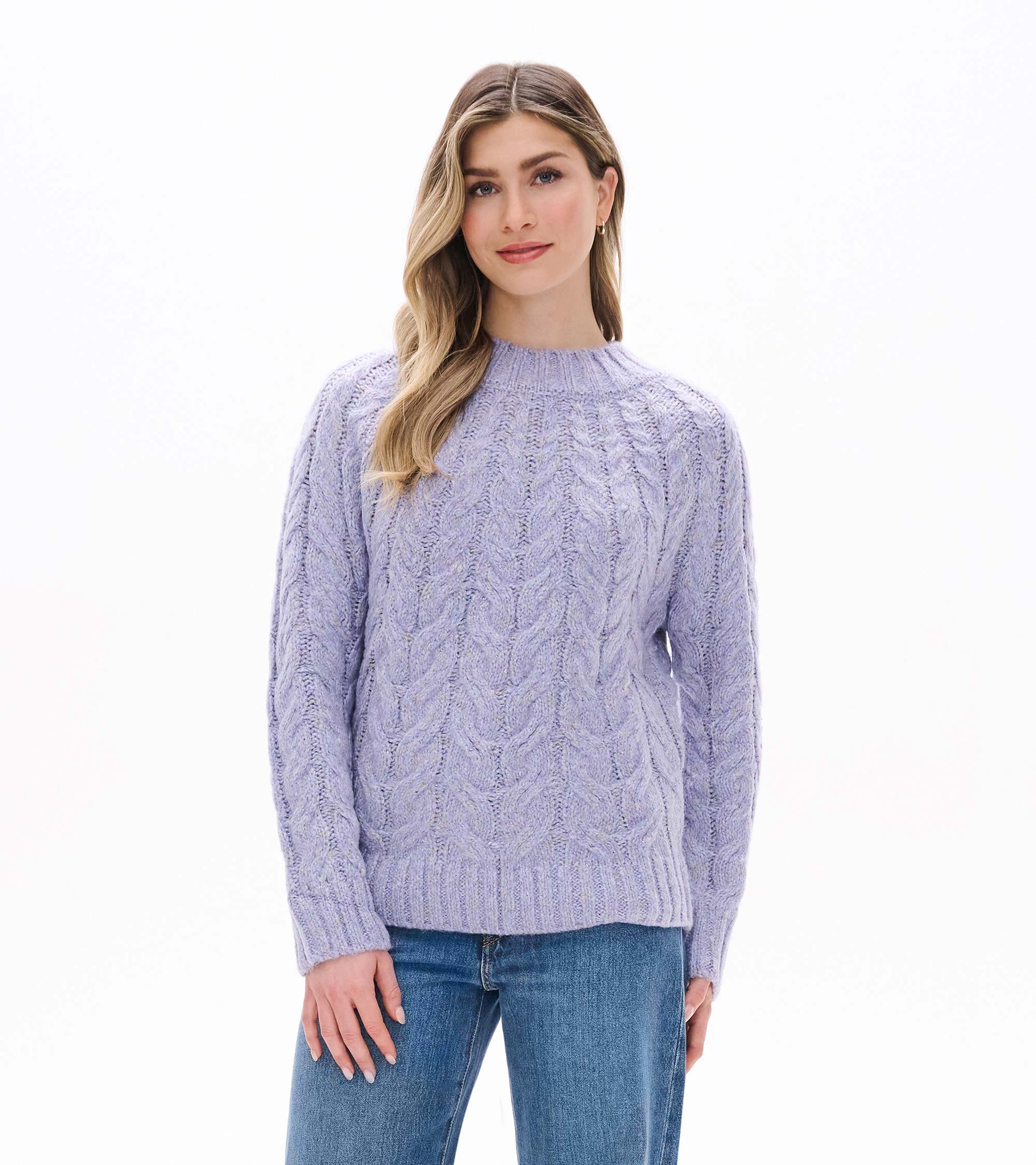 Front view of Dylan Sweater in speckle lilac with cable knit pattern and ribbed crew neck
