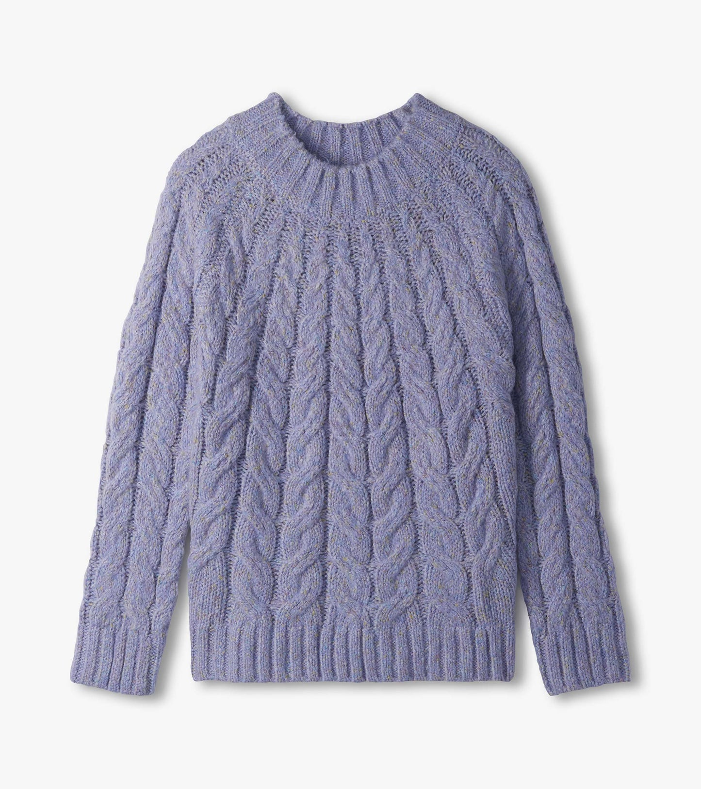 Dylan Sweater in speckle lilac shown flat, with cable knit texture and ribbed trim