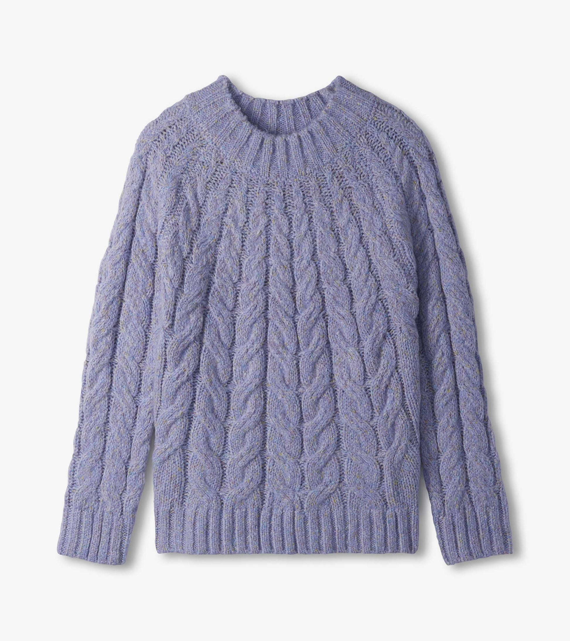 Dylan Sweater in speckle lilac shown flat, with cable knit texture and ribbed trim
