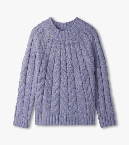 Dylan Sweater in speckle lilac shown flat, with cable knit texture and ribbed trim