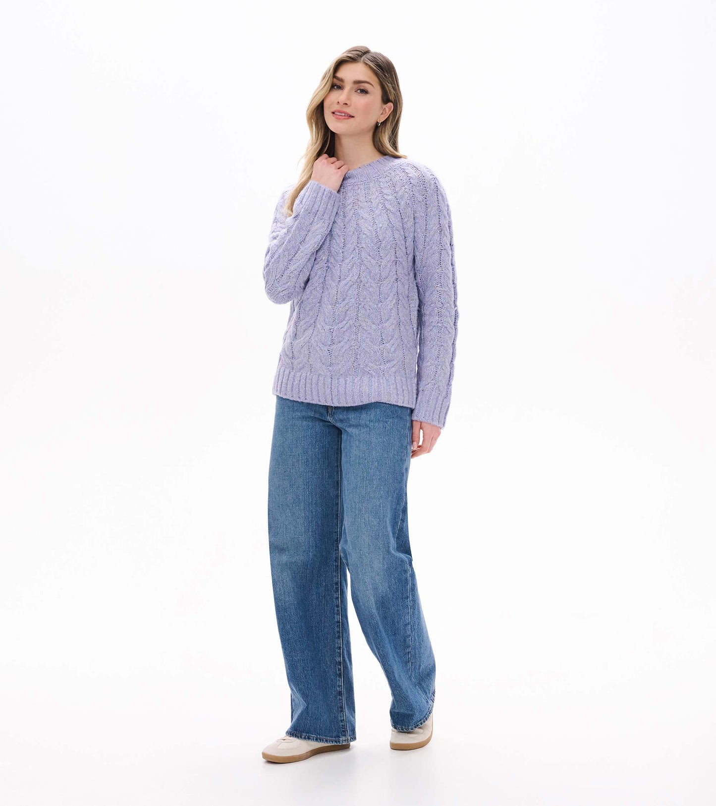 Full front view of Dylan Sweater in speckle lilac with cable knit pattern and ribbed hem