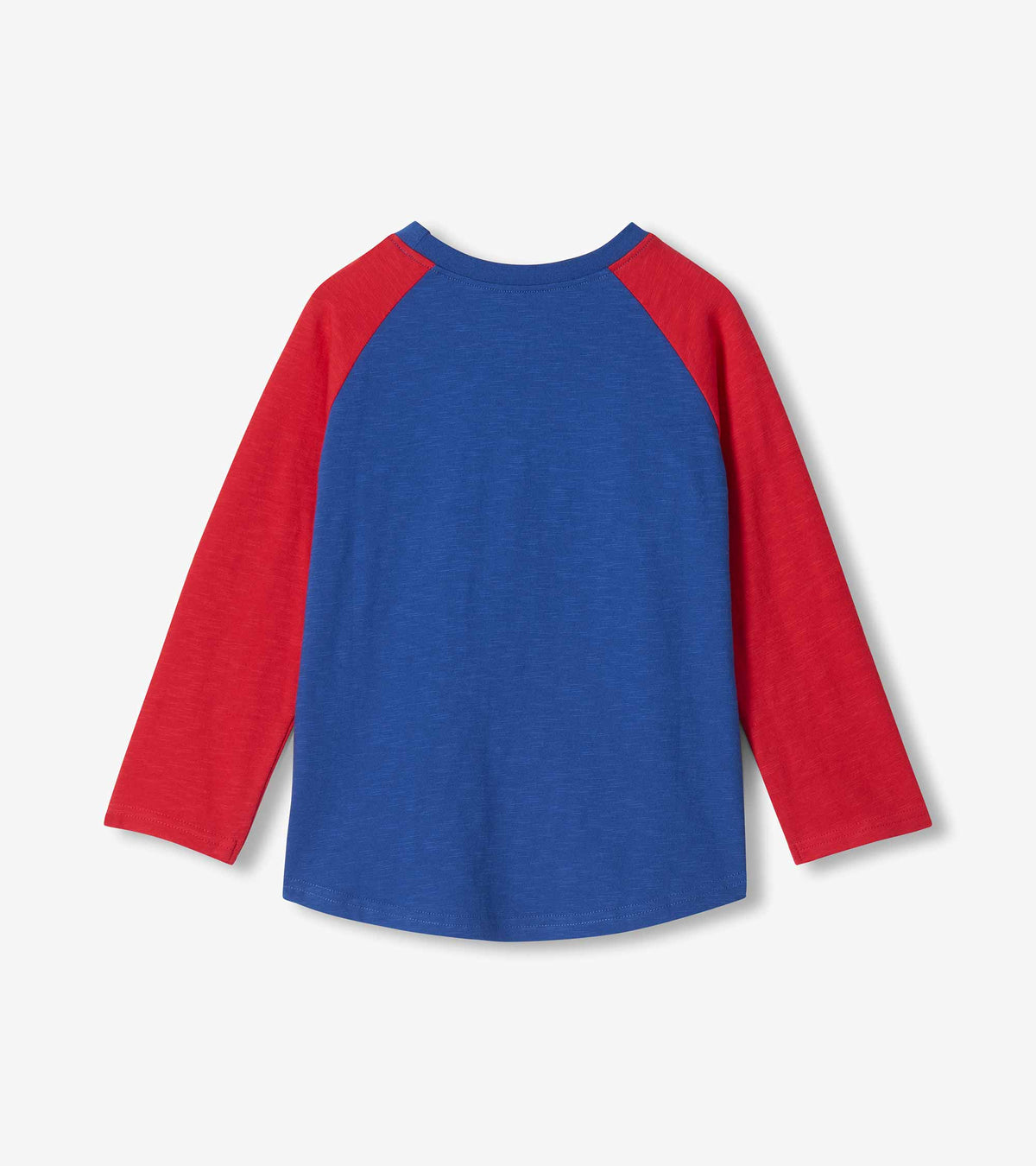 Back view of boys blue raglan T-shirt with red long sleeves and curved hem