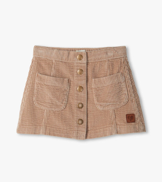 Taupe A-line skirt with front snap buttons, two front patch pockets, and wide ribbed texture