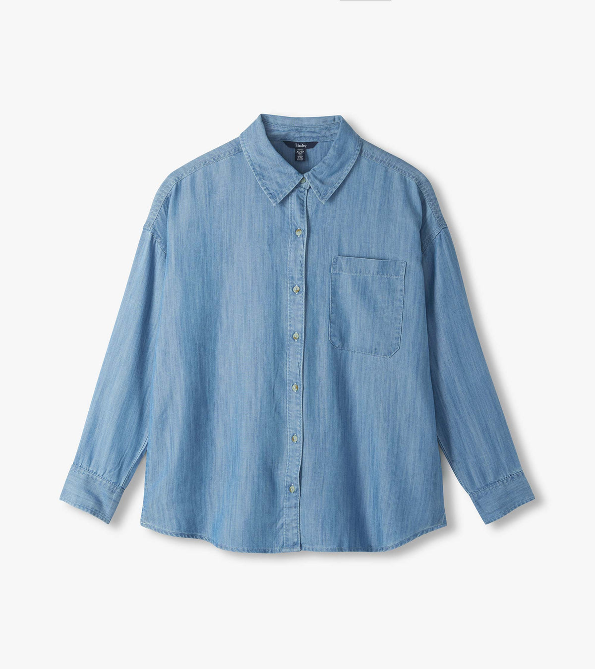 Light blue wash button-down shirt laid flat with pointed collar, long sleeves, and single chest pocket