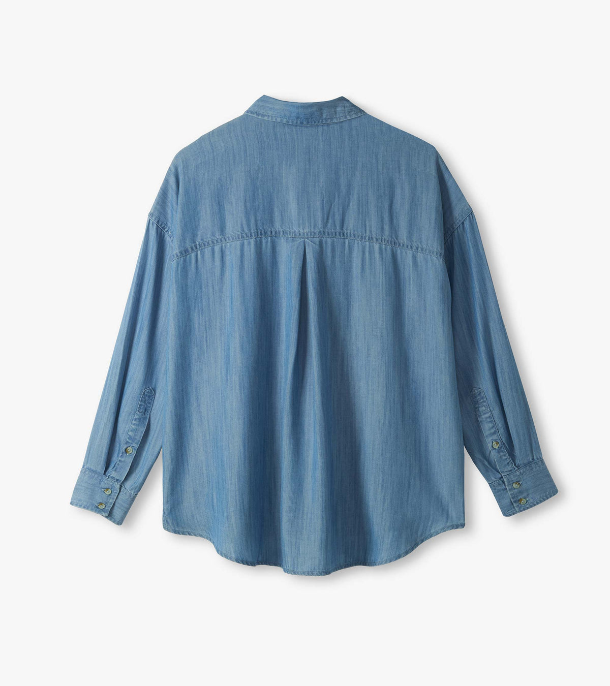 Back view of light blue wash relaxed button-down shirt with long sleeves and back yoke pleat