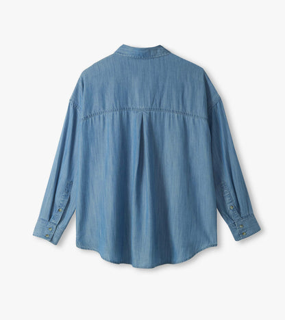 Back view of light blue wash relaxed button-down shirt with long sleeves and back yoke pleat