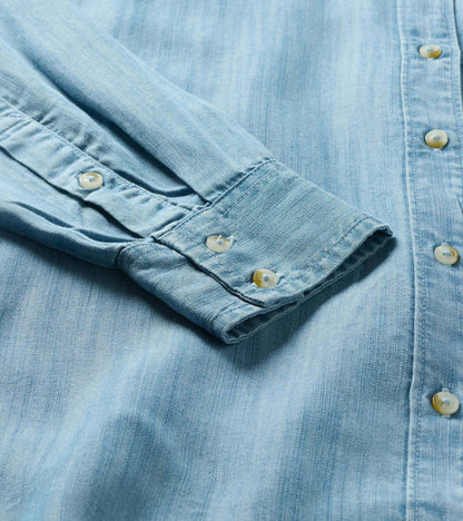 Close-up of light blue wash button-down shirt showing front buttons and button cuff detail