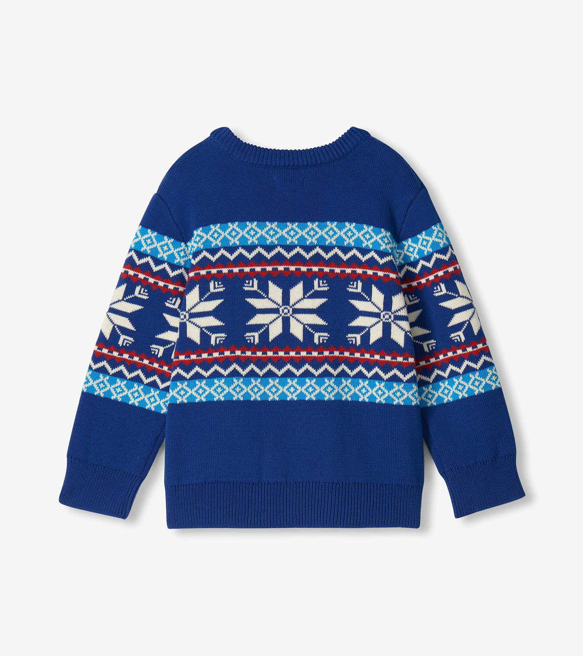 Back view of boys blue crew neck sweater with white snowflakes and red, white, and teal Fair Isle bands