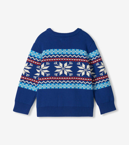 Back view of boys blue crew neck sweater with white snowflakes and red, white, and teal Fair Isle bands