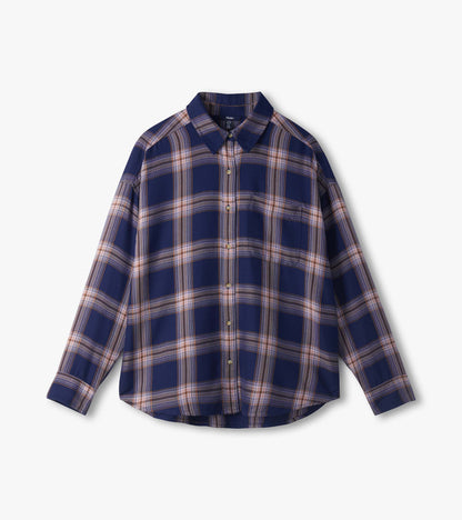 Flat lay of relaxed navy plaid button-down shirt with collar, chest pocket, and curved hem