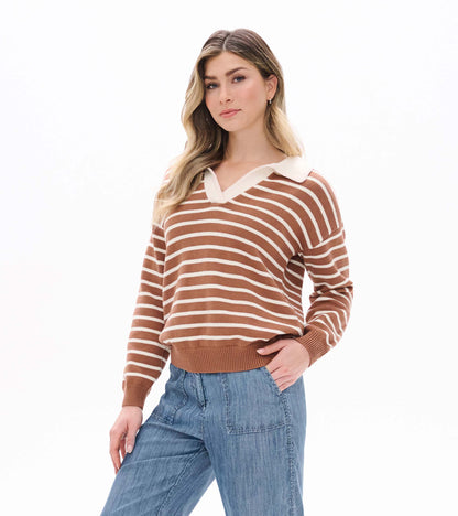Model wearing camel and cream striped Johnny collar sweater with long sleeves and ribbed hem