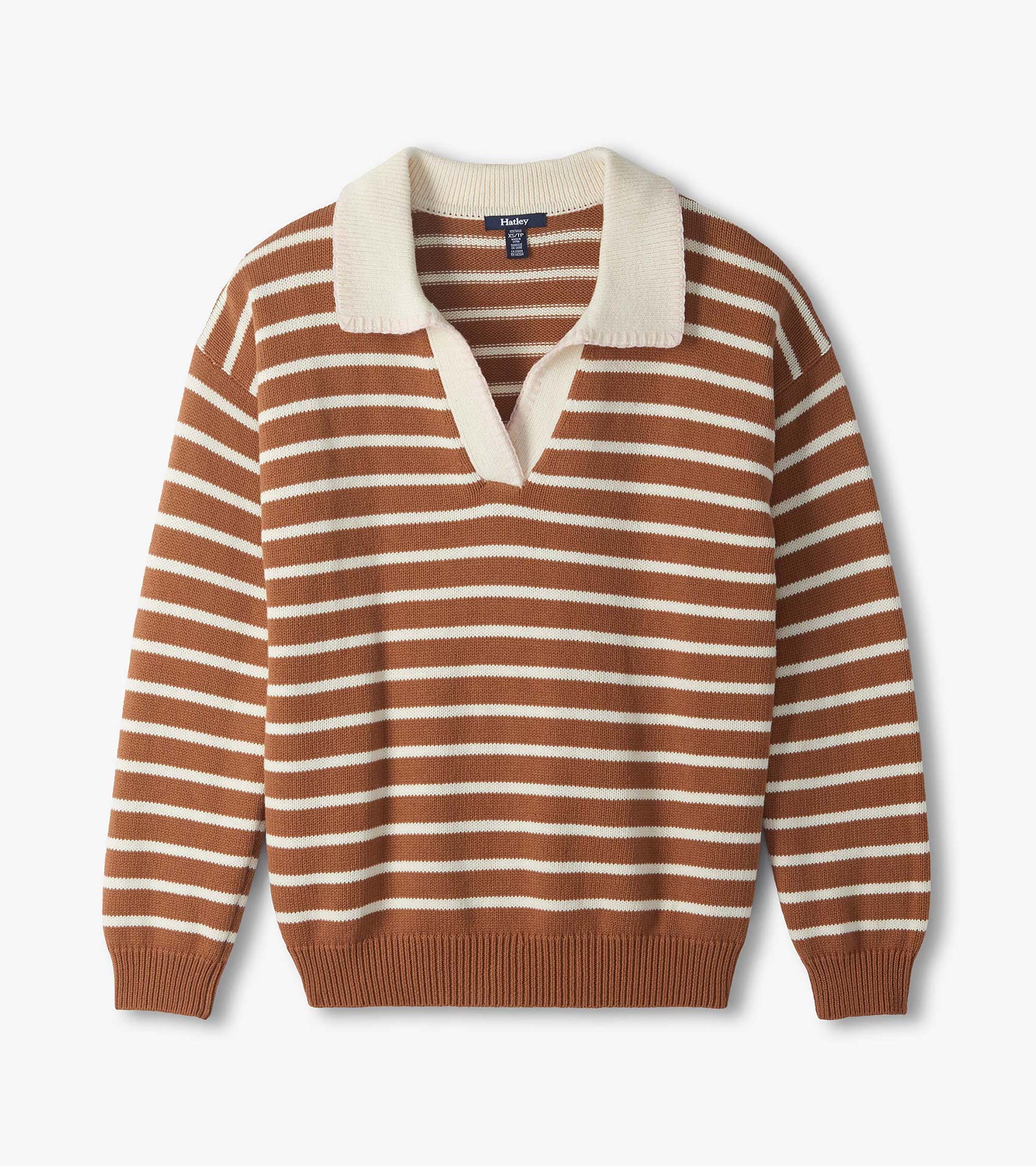 Camel and cream striped Johnny collar sweater laid flat with long sleeves and ribbed trim