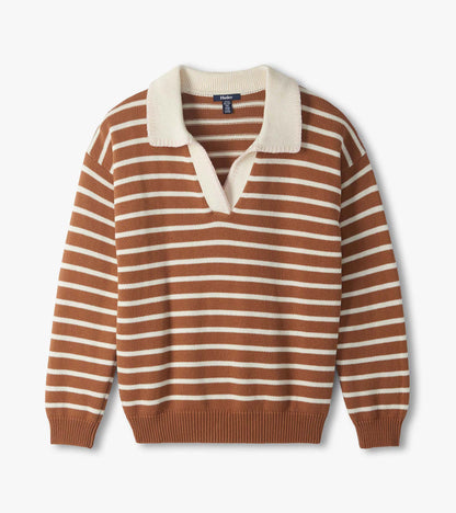 Camel and cream striped Johnny collar sweater laid flat with long sleeves and ribbed trim