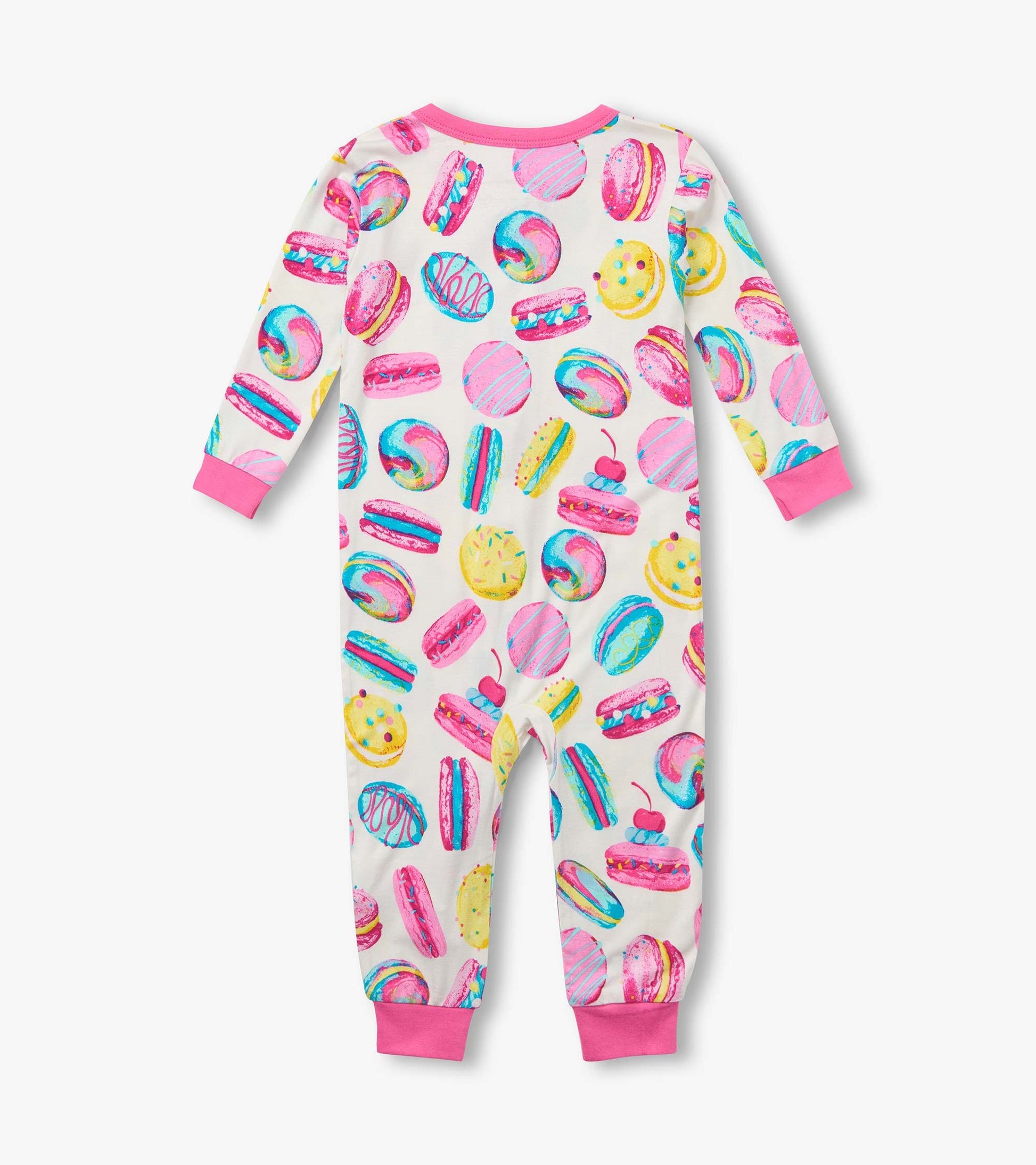 Back view of infant coverall with pink cuffs and colorful macaron and pastry print