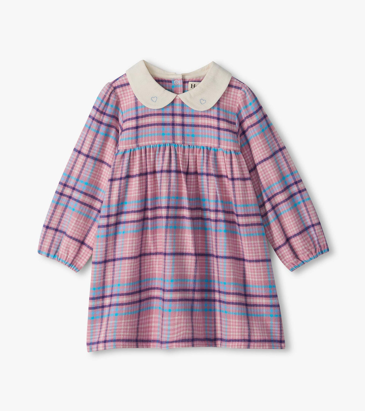 Infant mauve plaid long sleeve dress with cream Peter Pan collar and gathered waist