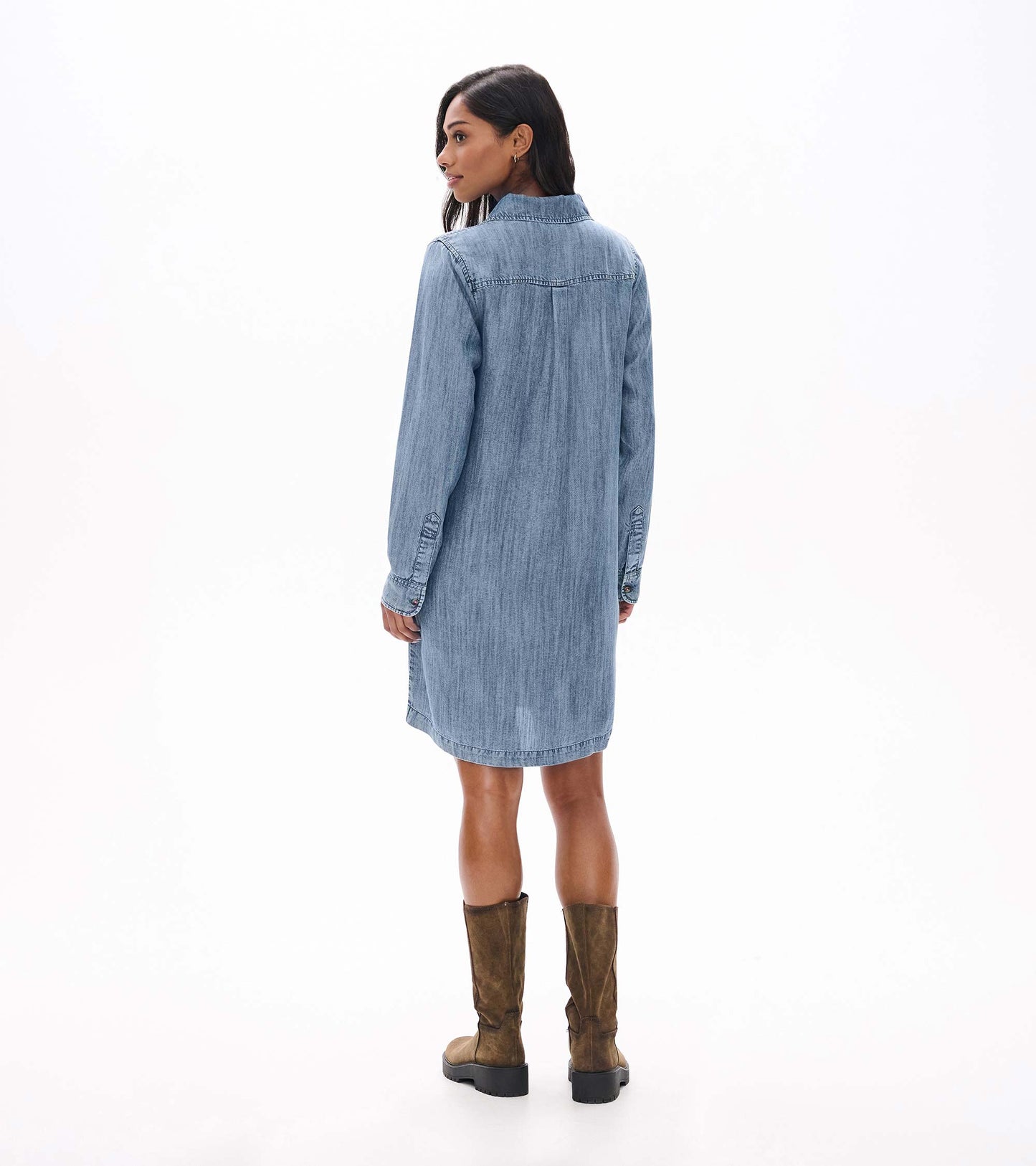 Back view of blue acid rinse popover dress with long sleeves and below-knee hem