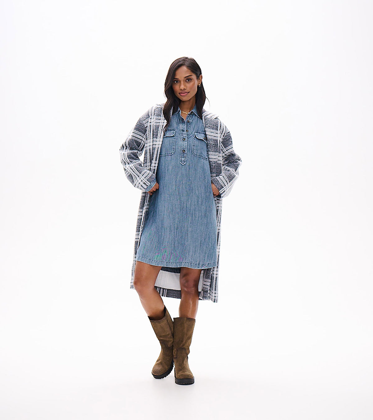 Blue acid rinse popover dress styled with a long gray plaid cardigan