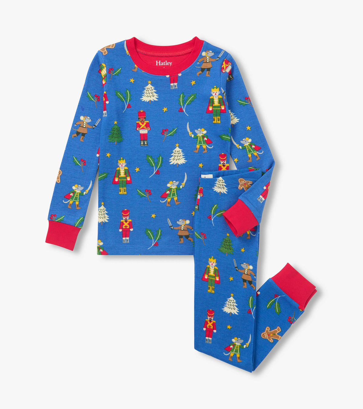 Blue boys pajama set with red cuffs and nutcracker, mouse, tree and holly holiday print