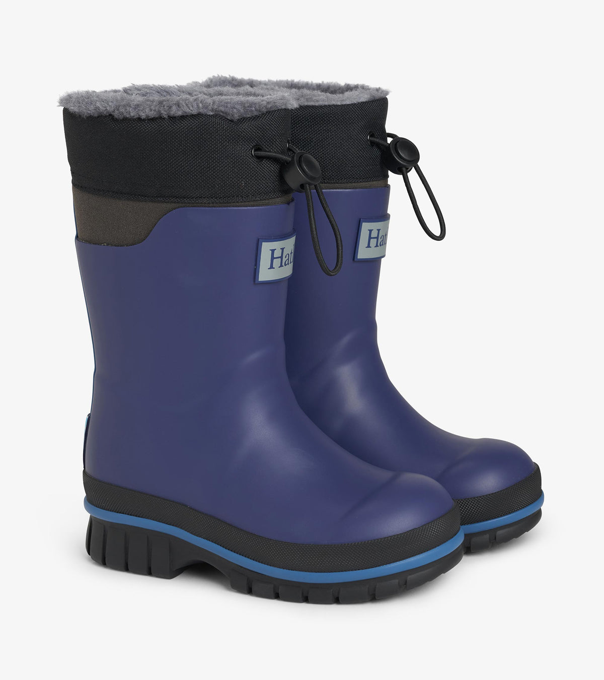 Pair of navy kids winter boots with black cuff, gray faux-fur lining, and drawcord toggle