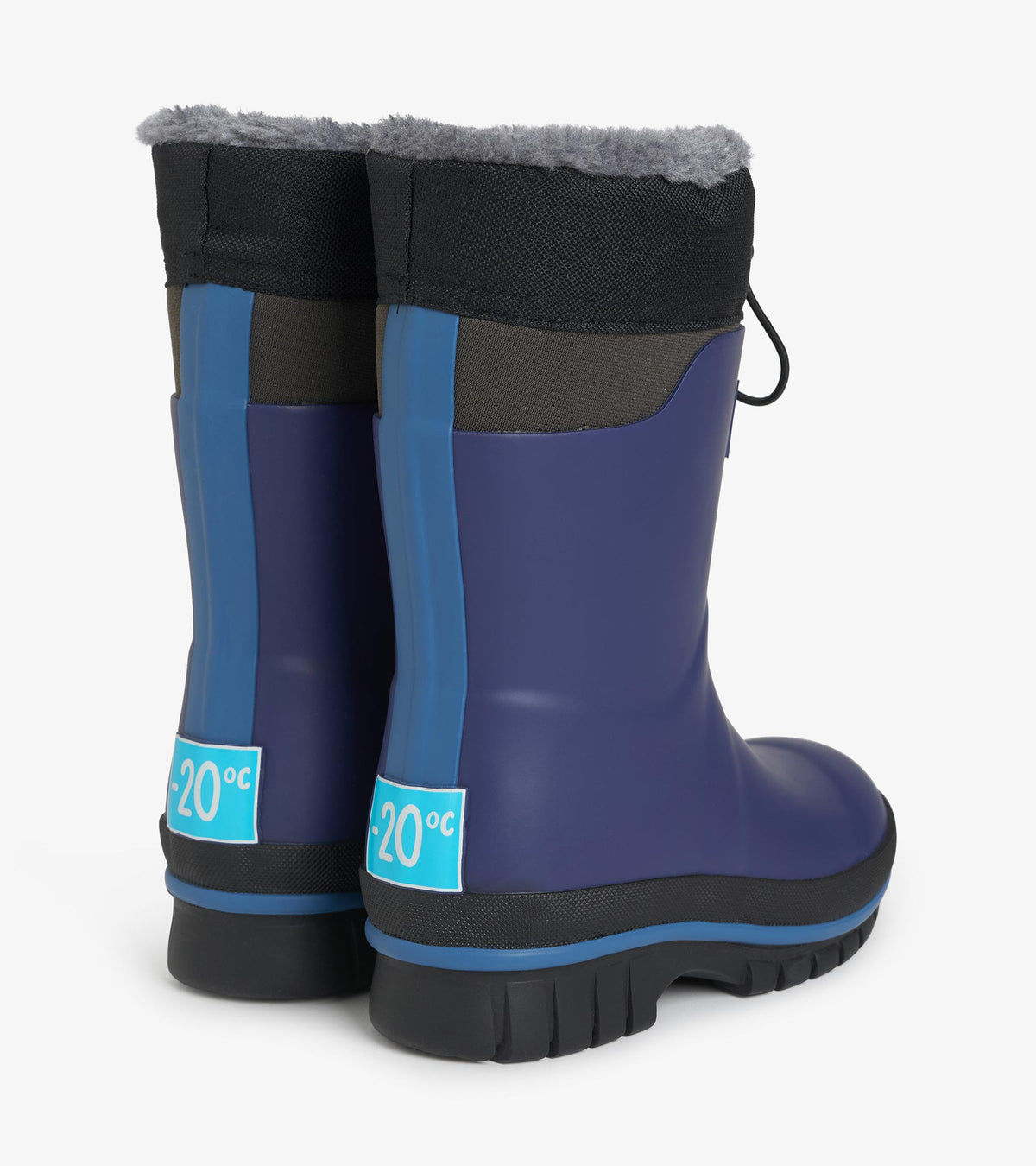 Back view of navy kids winter boots with gray faux-fur lining and thick black lug soles