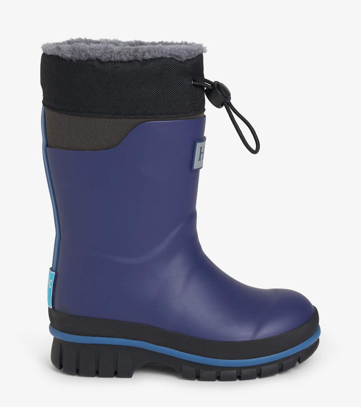 Side view of navy kids winter boot with black cuff, gray faux-fur lining, and drawcord toggle
