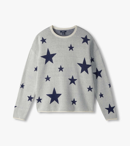 Cream rolled edge sweater with navy stars, laid flat front view