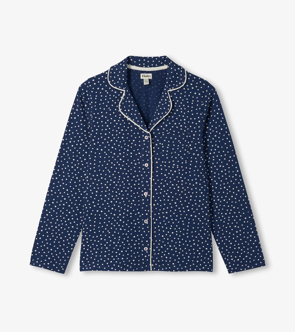 Navy polka dot pajama top with white piping, buttons, and chest pocket
