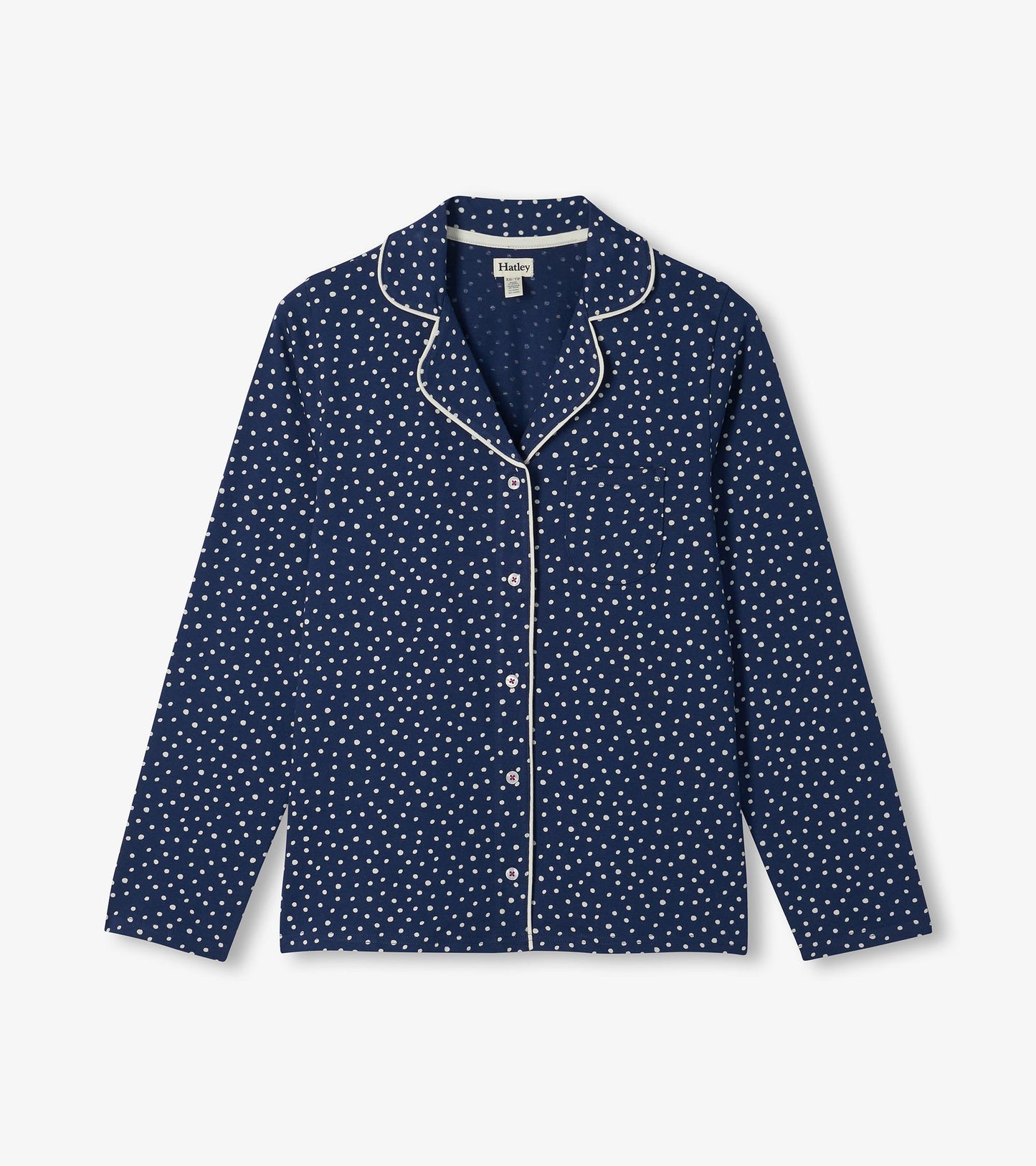 Blue polka dot pajama top with white piping, button front, long sleeves, and chest pocket