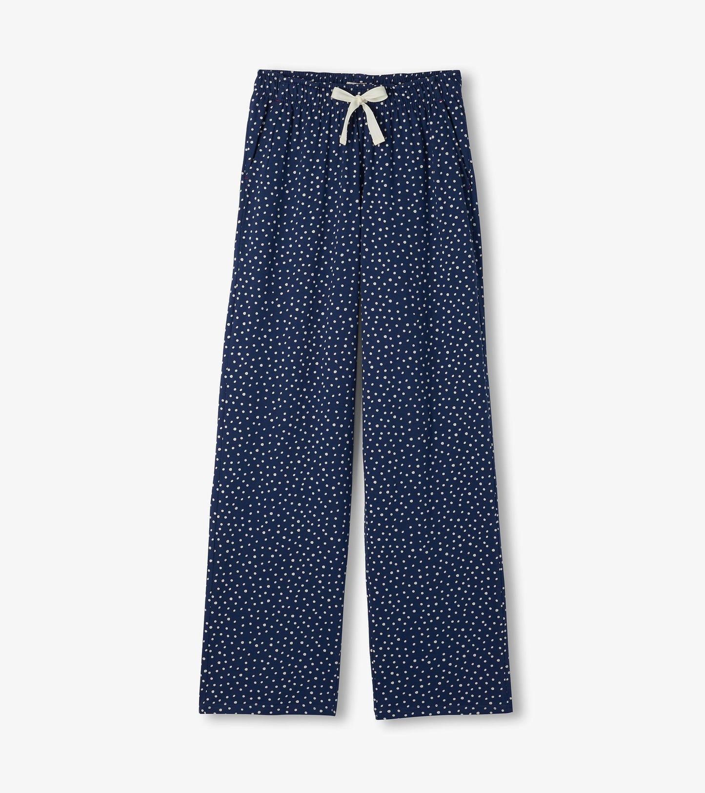Blue polka dot pajama pants with straight legs, elastic waist, and white drawstring