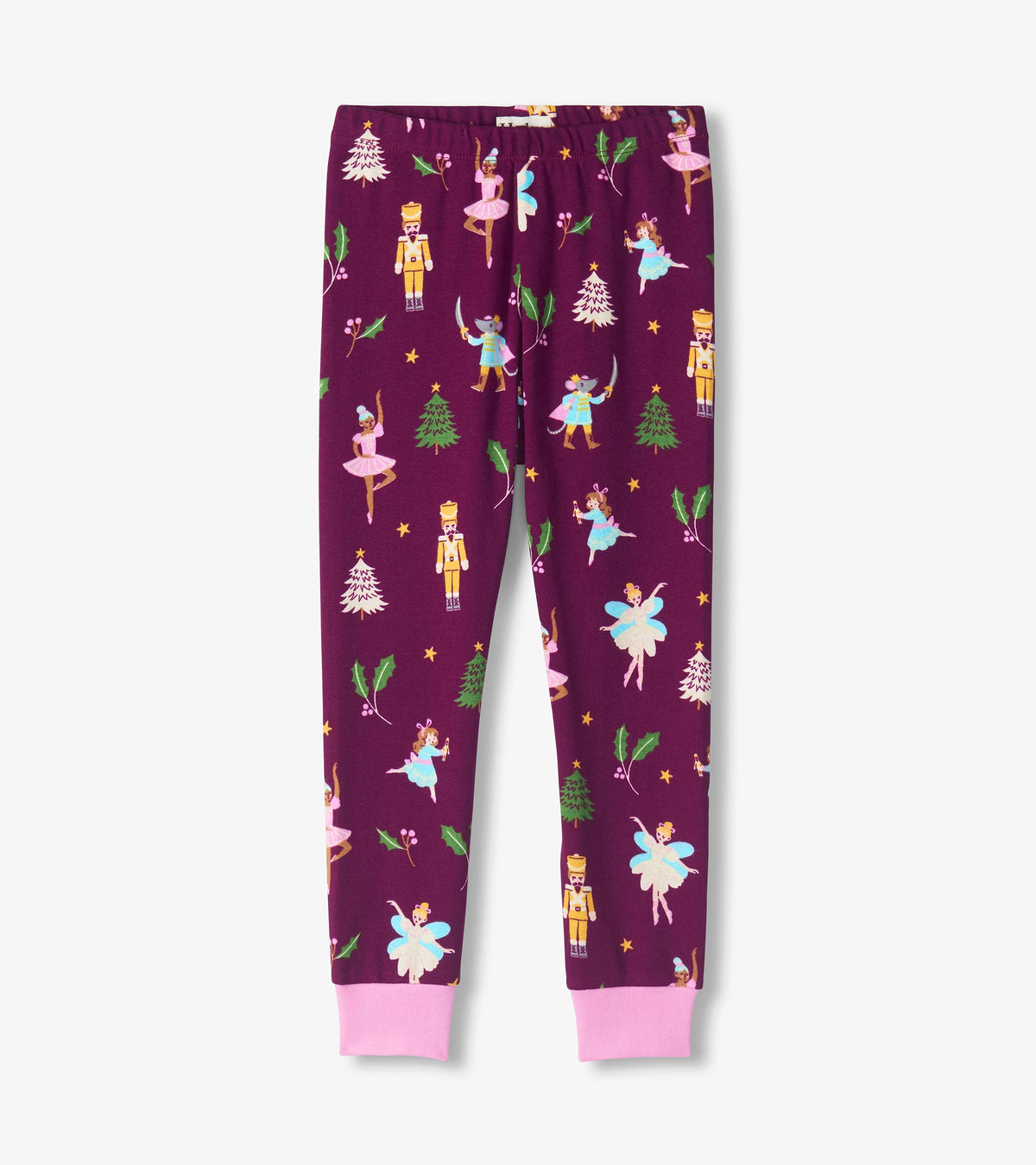 Girls purple pajama pants with pink ankle cuffs and Nutcracker print of ballerinas, toy soldiers and holly