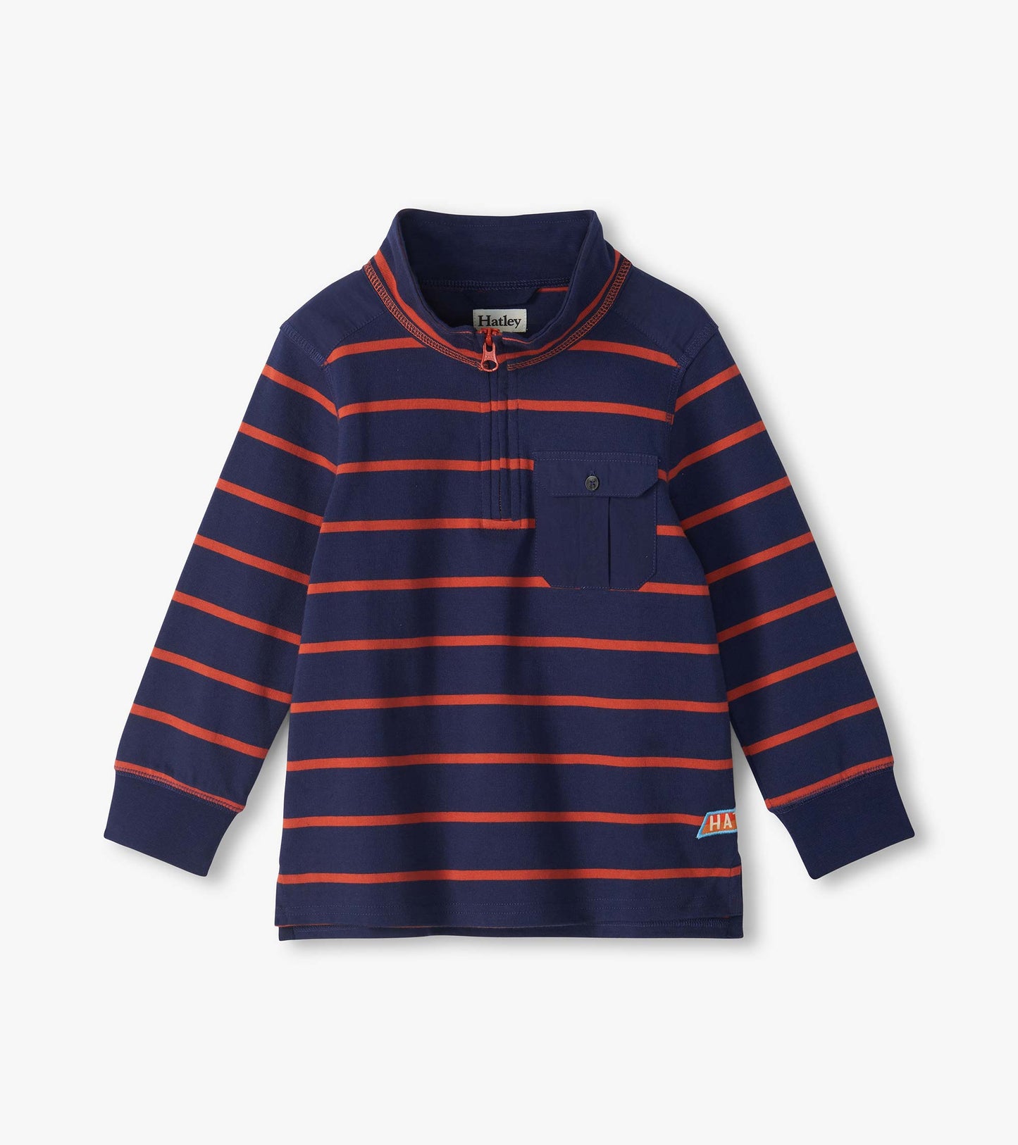 Kids navy pullover with orange stripes, mock neck quarter zip, long sleeves, and button chest pocket