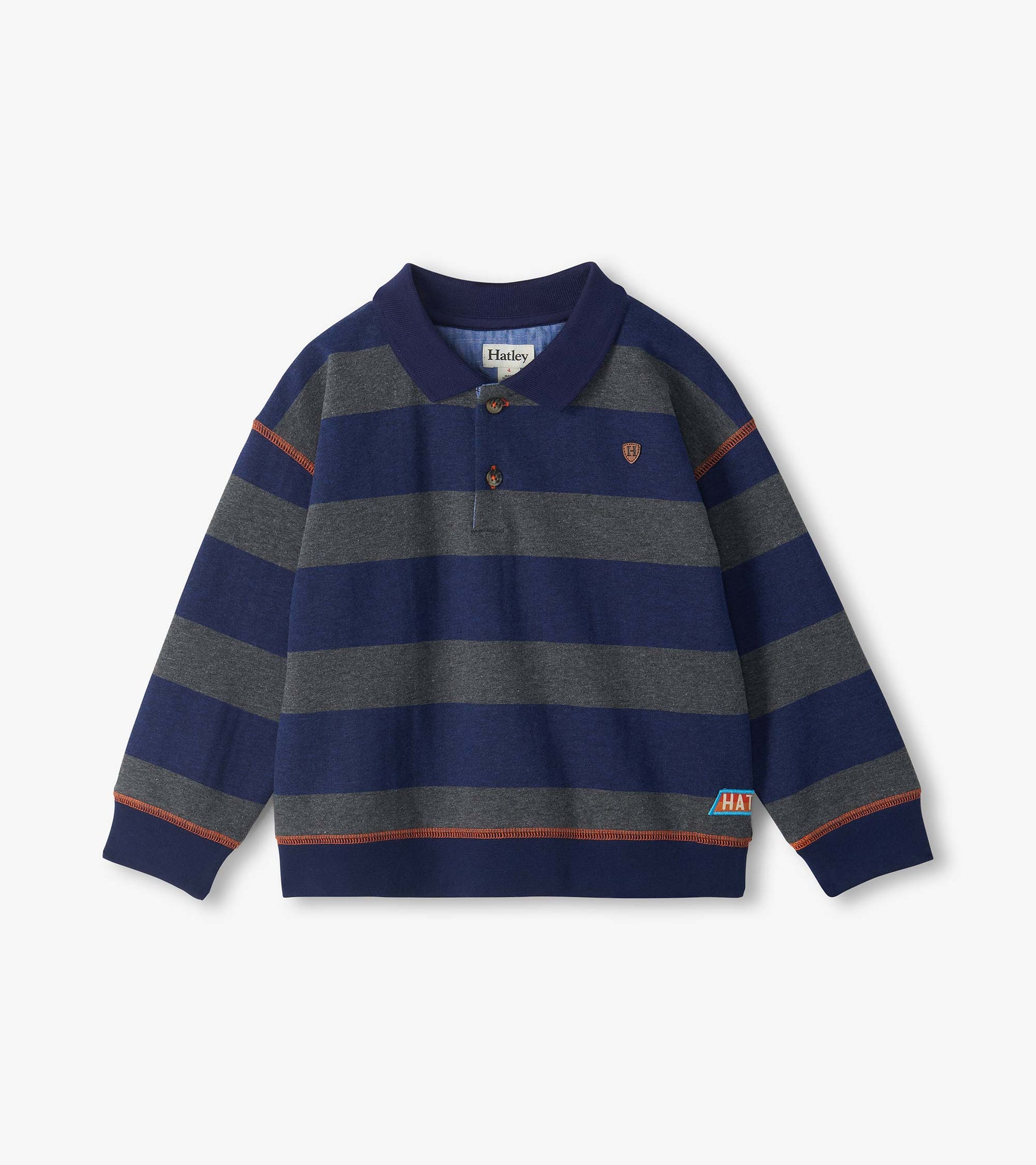 Kids long sleeve polo shirt with wide navy and charcoal stripes, button placket, and contrast seam stitching