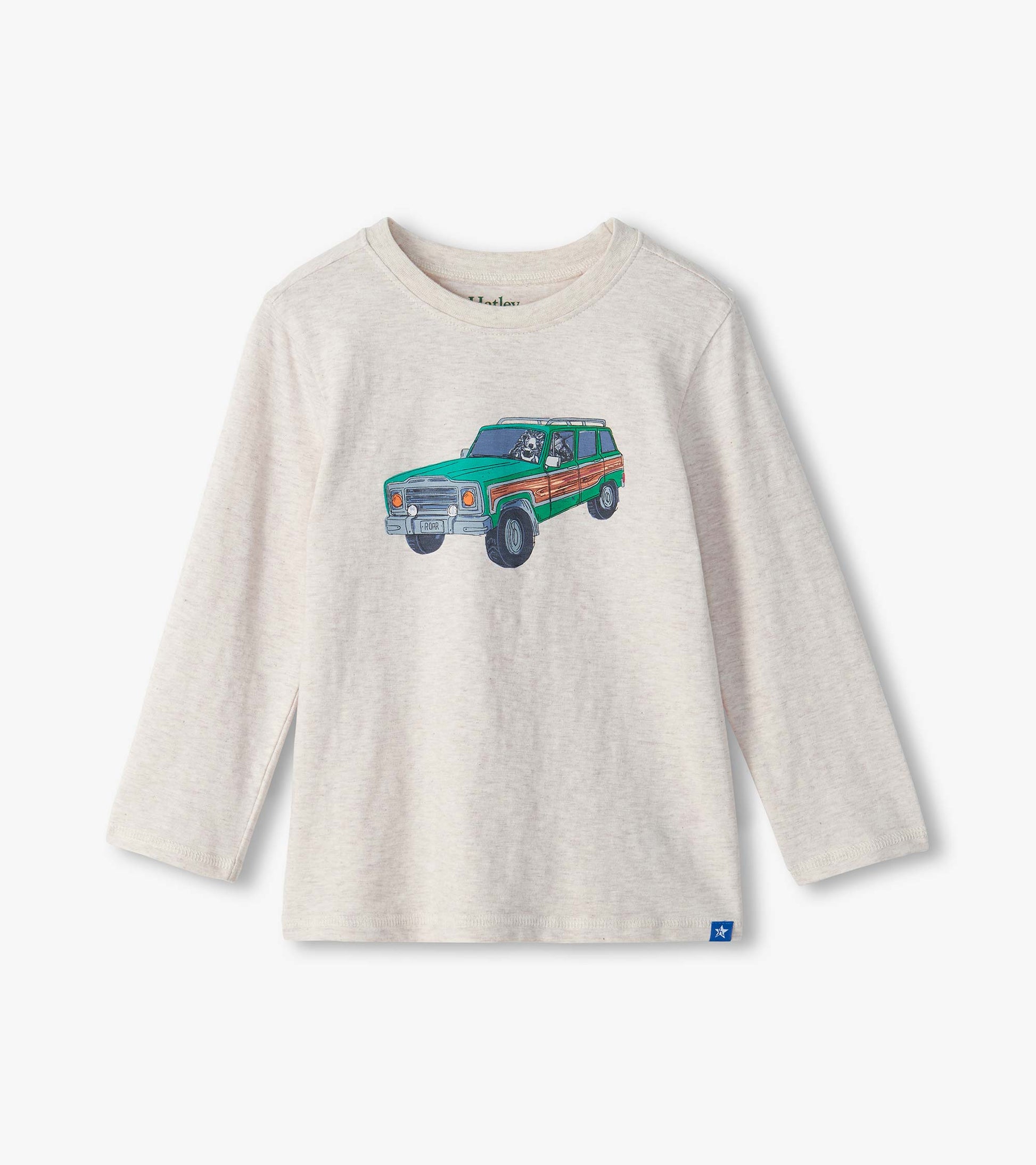 Kids long sleeve oatmeal crew neck tee with green vintage truck graphic on the front