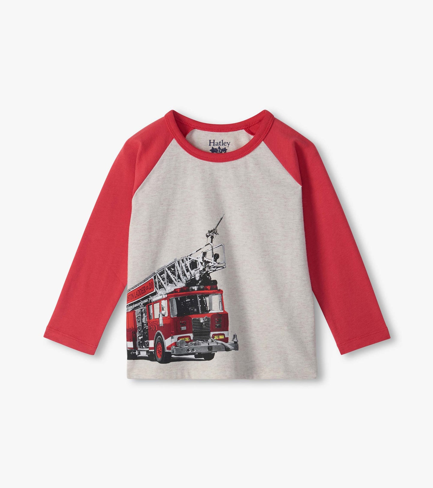 Infant raglan sleeve tee with red sleeves, heather gray front, and red firetruck graphic