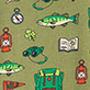 View Boys Outdoor Explorer Cotton Pajama Set White swatch with colorful camping and fishing icons, including fish, lanterns, a map, and a backpack
