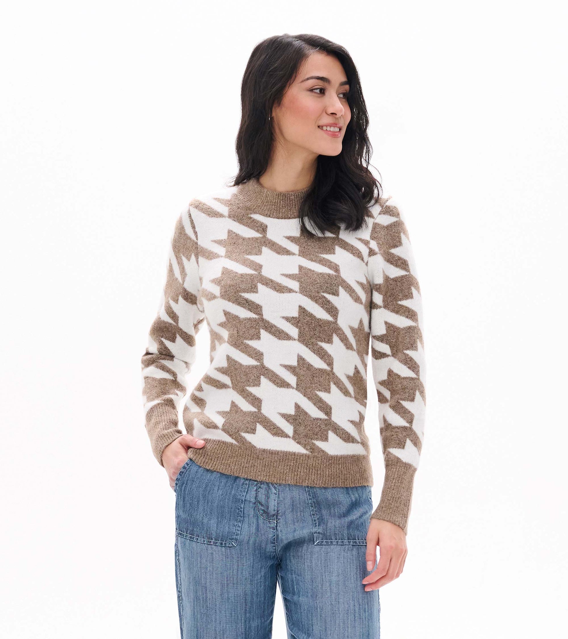 Front view of oatmeal and cream herringbone sweater with crew neck and ribbed trim